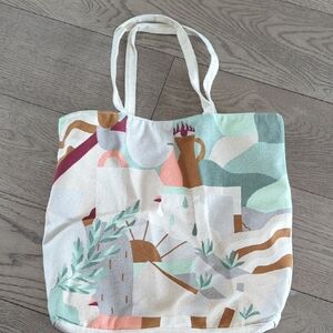 Canvas Tote Bag with Abstract Pastel Print - White/Tan/Green